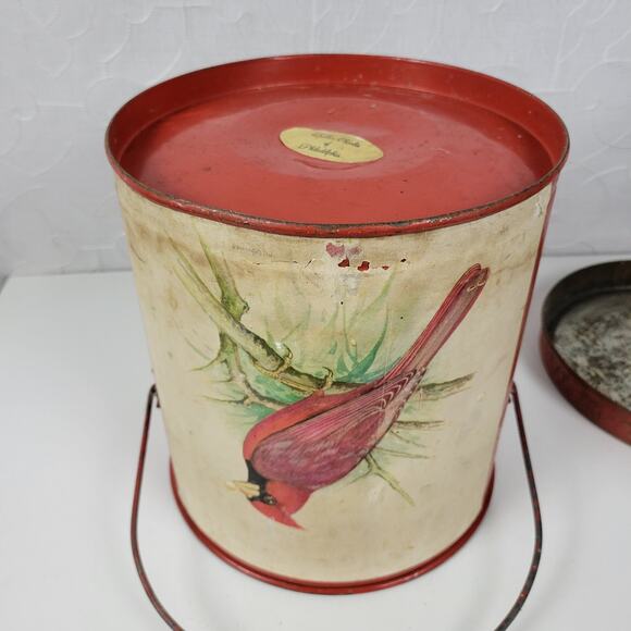 Vintage Keller-Charles Cardinal Bird Decorative Tin Bucket with Lid and Handle - Picture 5 of 16